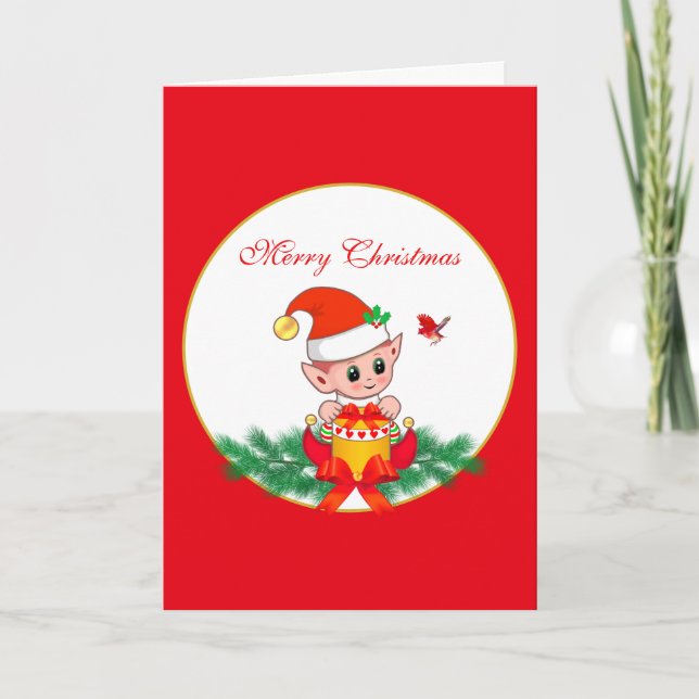 Cute Christmas Elf & Bird on Red & White Holiday Card (Front)