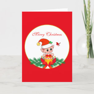 Cute Christmas Elf & Bird on Red & White Holiday Card
