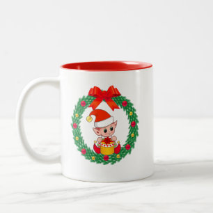 Cute Christmas Elf & Christmas Wreath Two-Tone Coffee Mug