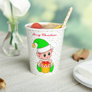 Cute Christmas Elf & Confetti Paper Cups
