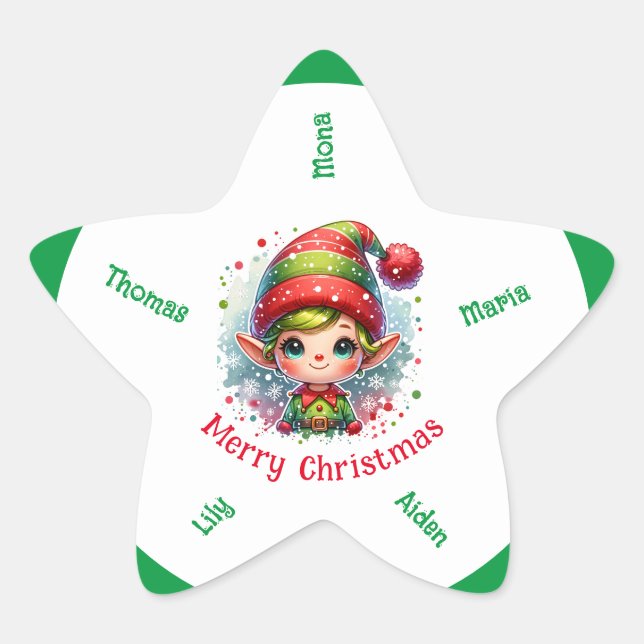 Cute Christmas Elf custom name Star Sticker (Front)