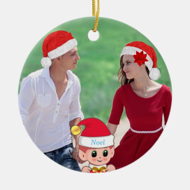 Cute Christmas Elf & Custom Photo Ceramic Tree Decoration (Front)