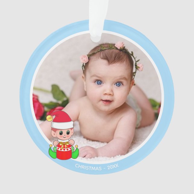 Cute Christmas Elf & Custom Photo on Light Blue Ornament (Front)