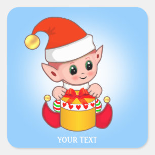 Cute Christmas Elf & Custom Text on Light Blue Square Sticker