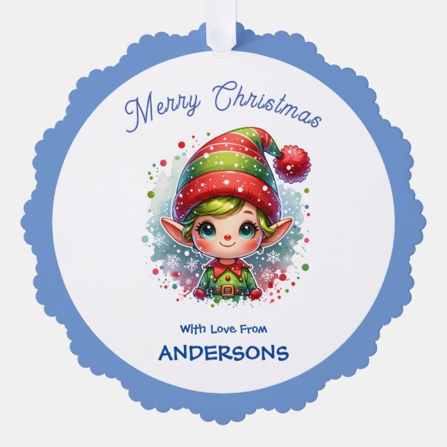 Cute Christmas Elf custom Tree Decoration Card (Front)