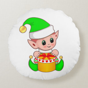 Cute Christmas Elf  Dressed in Green Round Cushion