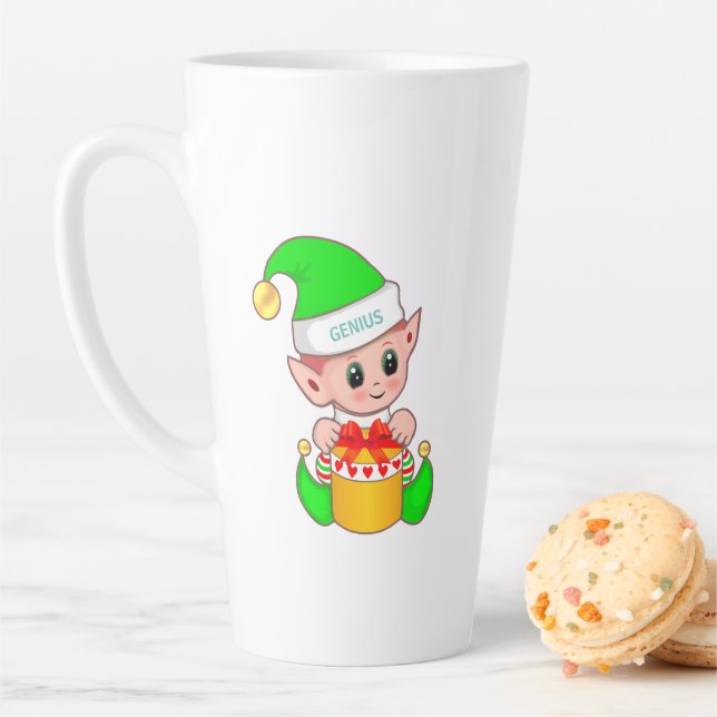 Cute Christmas Elf & Editable Genius Text Latte Mug (In Situ)