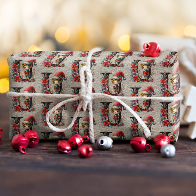 Cute Christmas Elf Festive Letter U Wrapping Paper (Creator Uploaded)