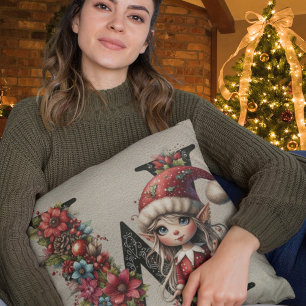 Cute Christmas Elf Festive W Faux Tan Leather Cushion