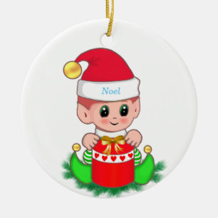 Cute Christmas Elf & Gift Box Ceramic Tree Decoration
