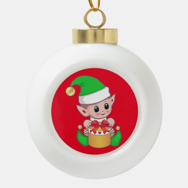 Cute Christmas elf & gift box on red Ceramic Ball Christmas Ornament (Front)