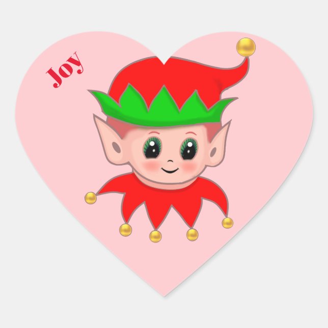 Cute Christmas elf & gold jingle bells Heart Sticker (Front)