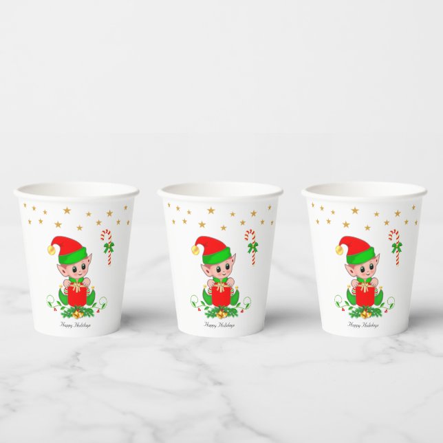 Cute Christmas Elf & Golden Star Confetti Paper Cups (Multi)