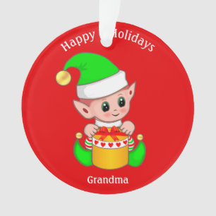 Cute Christmas Elf & Happy Holidays Grandma on Red Ornament