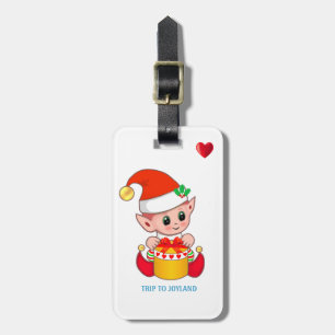 Cute Christmas Elf & Heart on White Luggage Tag