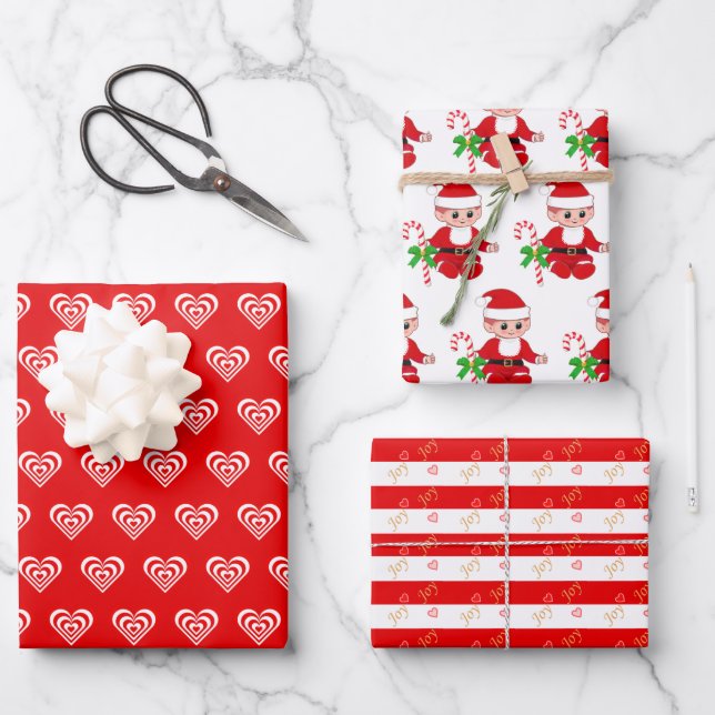 Cute Christmas Elf, Hearts & Red and White Stripes Wrapping Paper Sheet (Front)