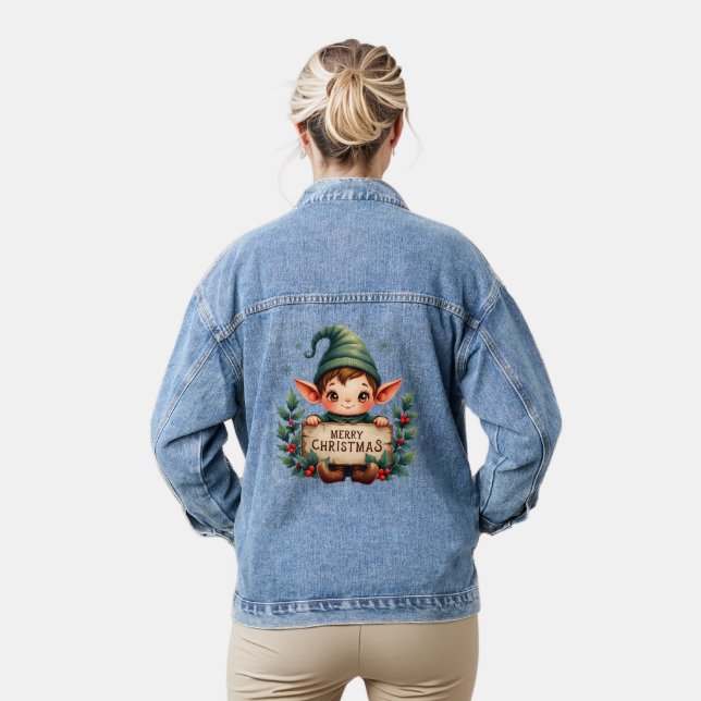 Cute Christmas Elf Holding Merry Sign Denim Jacket (Model)