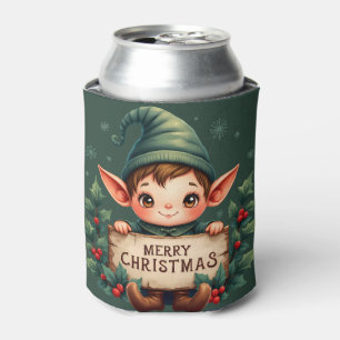 Cute Christmas Elf Holding Merry Sign Green Can Cooler