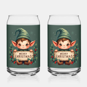 Cute Christmas Elf Holding Merry Sign Green Can Glass