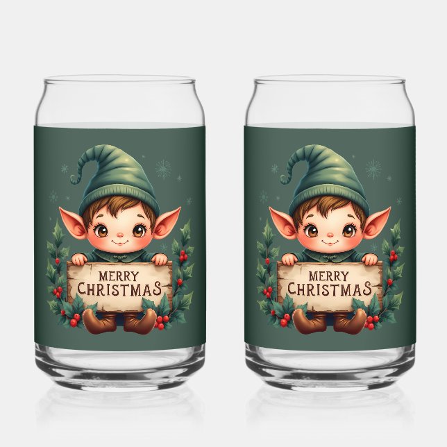 Cute Christmas Elf Holding Merry Sign Green Can Glass (Front)