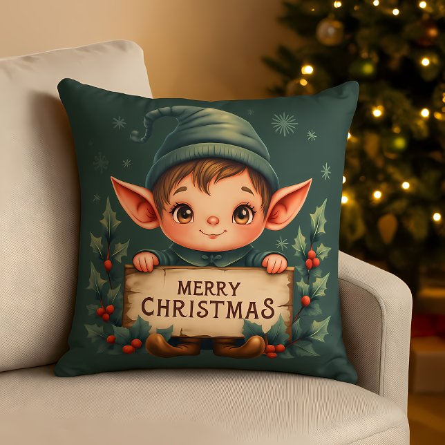Cute Christmas Elf Holding Merry Sign Green Cushion (Cute Christmas Elf Holding Merry Sign Green Throw Pillow)