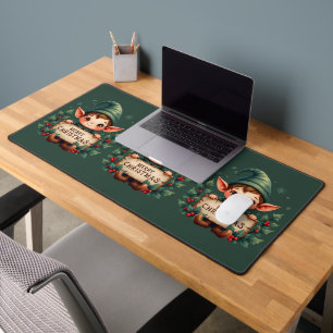 Cute Christmas Elf Holding Merry Sign Green Desk Mat