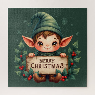 Cute Christmas Elf Holding Merry Sign Green Jigsaw Puzzle