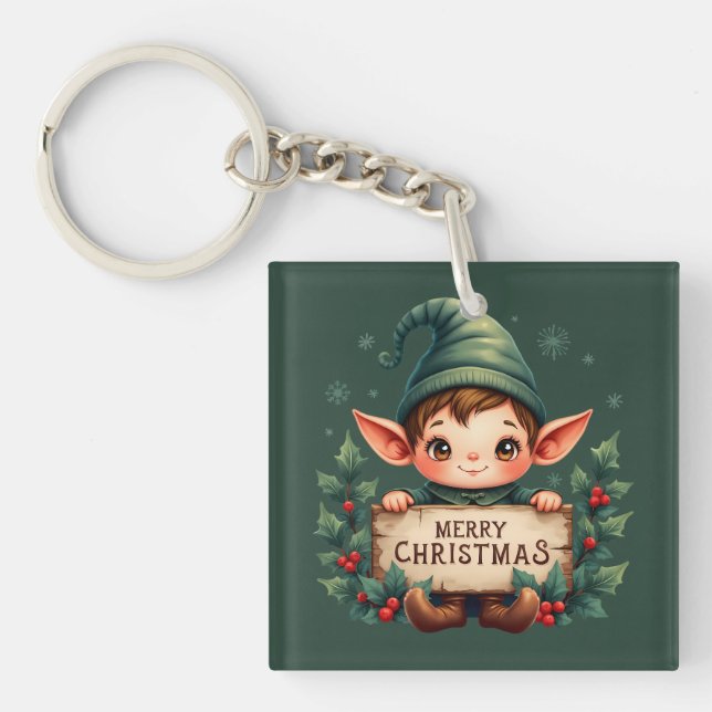 Cute Christmas Elf Holding Merry Sign Green Key Ring (Front)