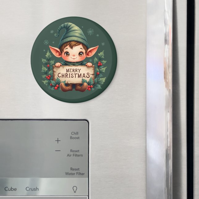 Cute Christmas Elf Holding Merry Sign Green Magnet (In Situ (Fridge))