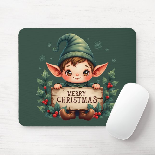 Cute Christmas Elf Holding Merry Sign Green Mouse Mat (With Mouse)