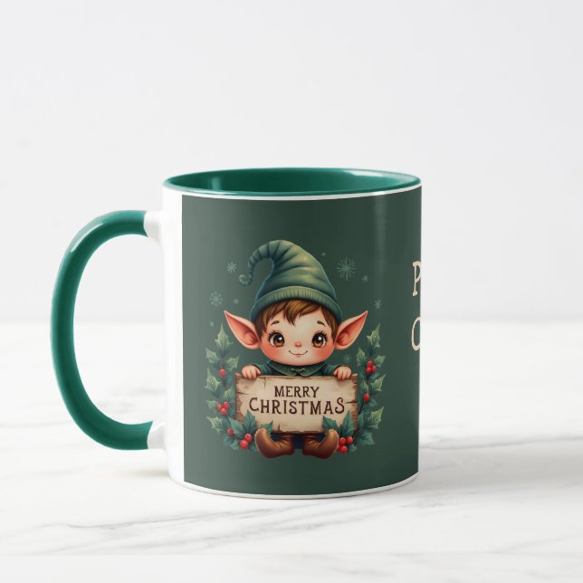 Cute Christmas Elf Holding Merry Sign Green Mug (Left)