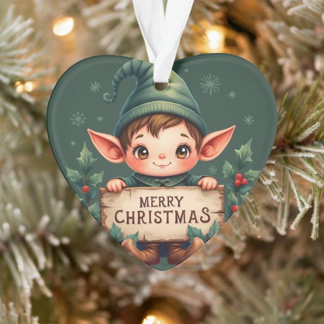 Cute Christmas Elf Holding Merry Sign Green Ornament (Tree)