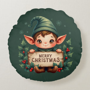 Cute Christmas Elf Holding Merry Sign Green Round Cushion