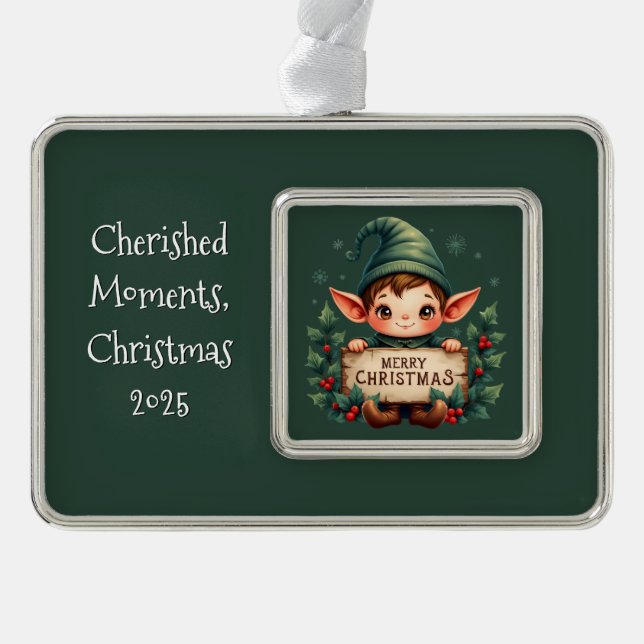 Cute Christmas Elf Holding Merry Sign Green Silver Plated Framed Ornament (Front)