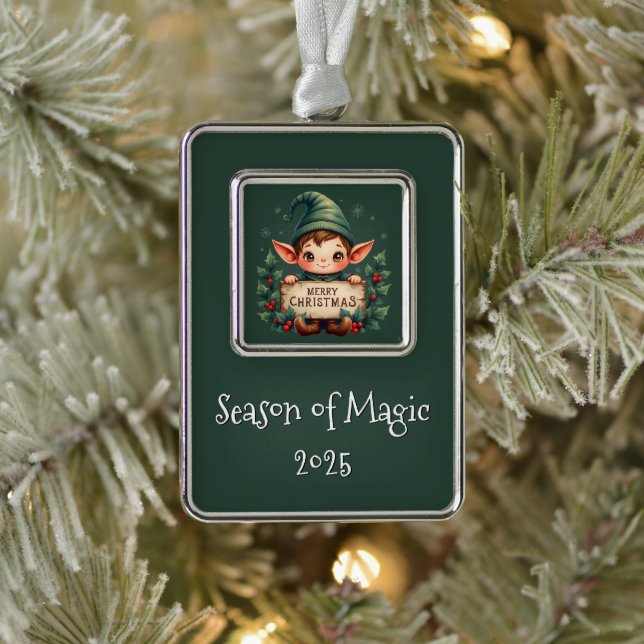 Cute Christmas Elf Holding Merry Sign Green Silver Plated Framed Ornament (Tree)