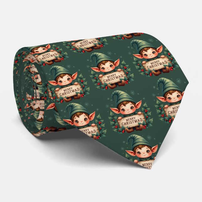 Cute Christmas Elf Holding Merry Sign Green Tie (Rolled)