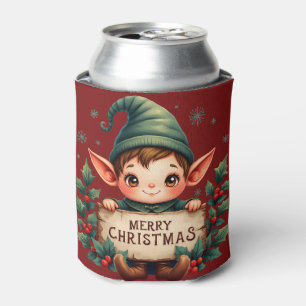 Cute Christmas Elf Holding Merry Sign Red Can Cooler