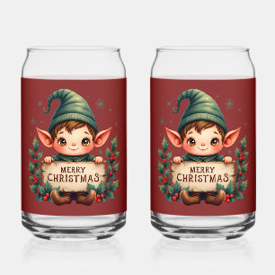 Cute Christmas Elf Holding Merry Sign Red Can Glass