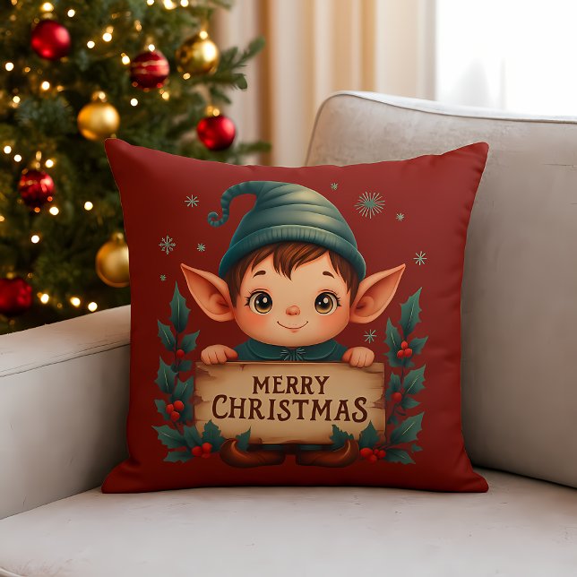 Cute Christmas Elf Holding Merry Sign Red Cushion (Cute Christmas Elf Holding Merry Sign Red Throw Pillow)