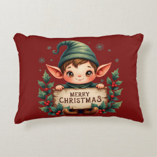Cute Christmas Elf Holding Merry Sign Red Decorative Cushion