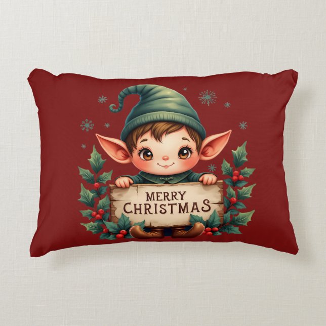 Cute Christmas Elf Holding Merry Sign Red Decorative Cushion (Front)