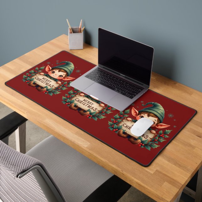 Cute Christmas Elf Holding Merry Sign Red Desk Mat (Office 2)