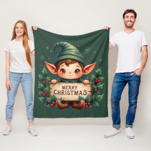 Cute Christmas Elf Holding Merry Sign Red Fleece Blanket