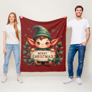 Cute Christmas Elf Holding Merry Sign Red Fleece Blanket