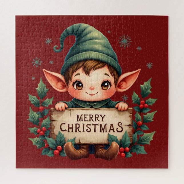 Cute Christmas Elf Holding Merry Sign Red Jigsaw Puzzle (Vertical)