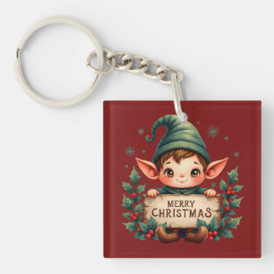 Cute Christmas Elf Holding Merry Sign Red Key Ring