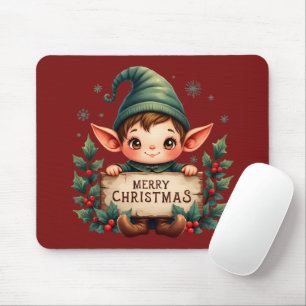 Cute Christmas Elf Holding Merry Sign Red Mouse Mat