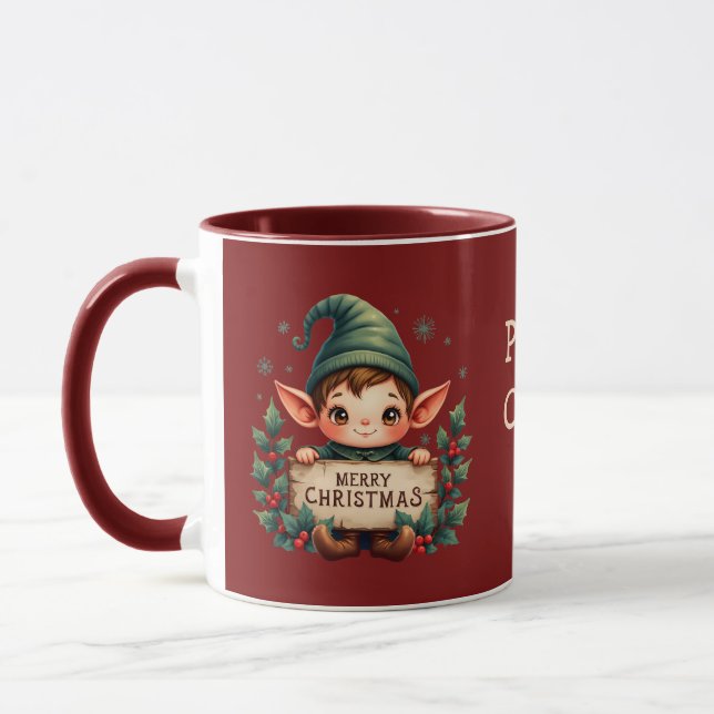 Cute Christmas Elf Holding Merry Sign Red Mug (Left)