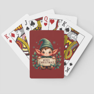Cute Christmas Elf Holding Merry Sign Red Playing Cards