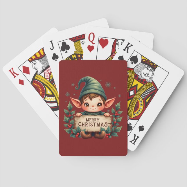 Cute Christmas Elf Holding Merry Sign Red Playing Cards (Back)